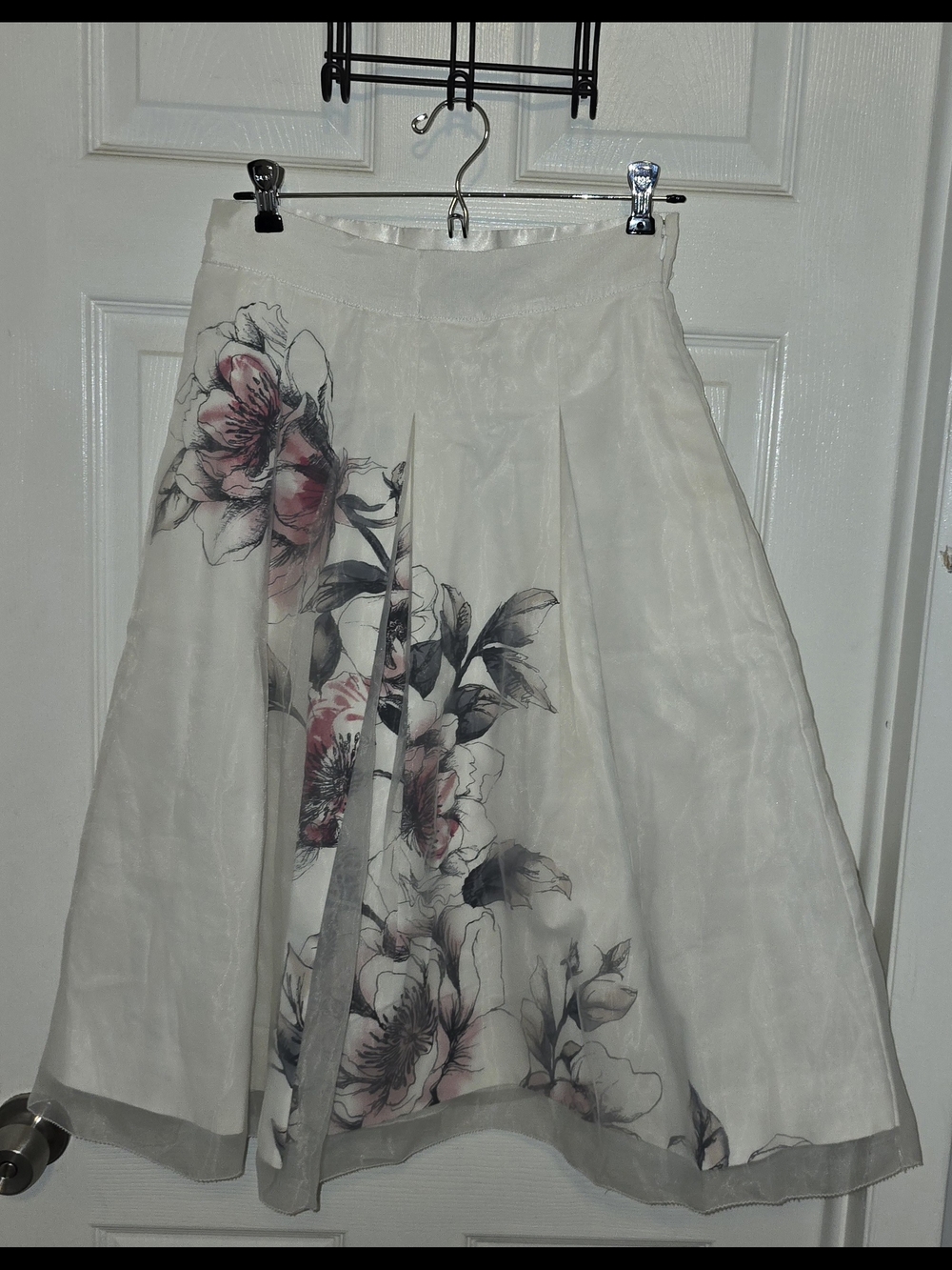 White House Black Market Ivory A-Line Skirt with Pink Floral Print